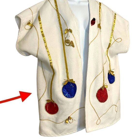 Hand Sewn Christmas Holiday Sequin Bead Ornament Gold Ribbon Fleece Jacket Top - Picture 14 of 16